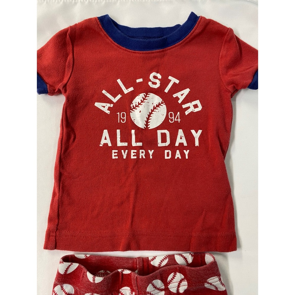 Old Navy Kids Pajama Set of 2 12-18M Baseball Star Handsome Red Green Striped - Picture 4 of 14